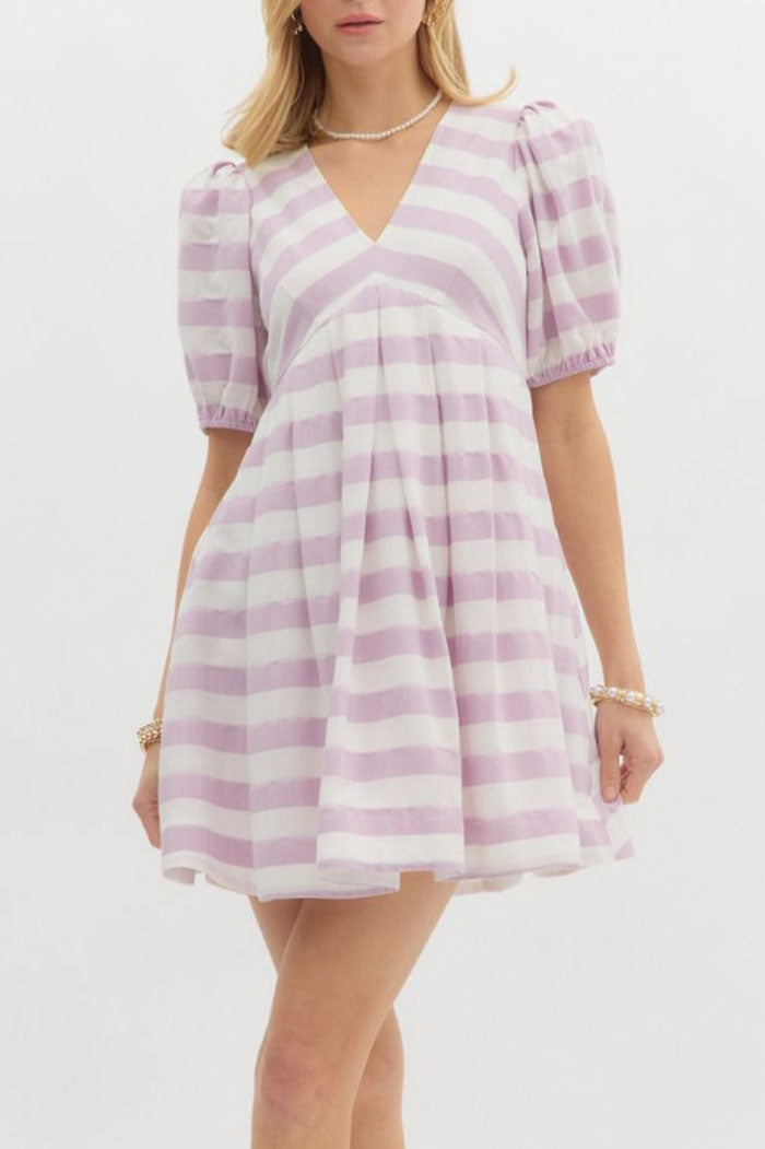 Striped Puff Sleeve Pocket Dress
