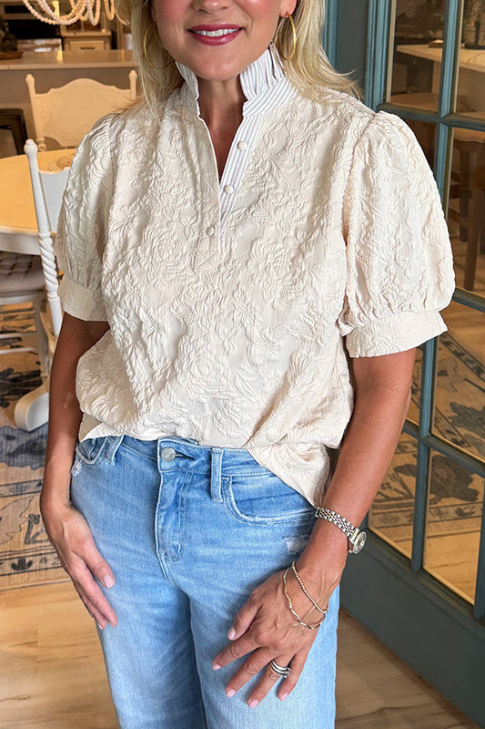 Pleated Collar Puff Sleeve Top