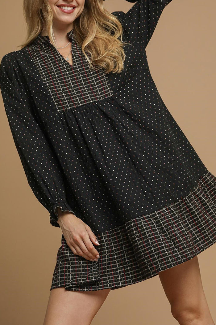 Polka Dot Plaid Trim Babydoll Dress