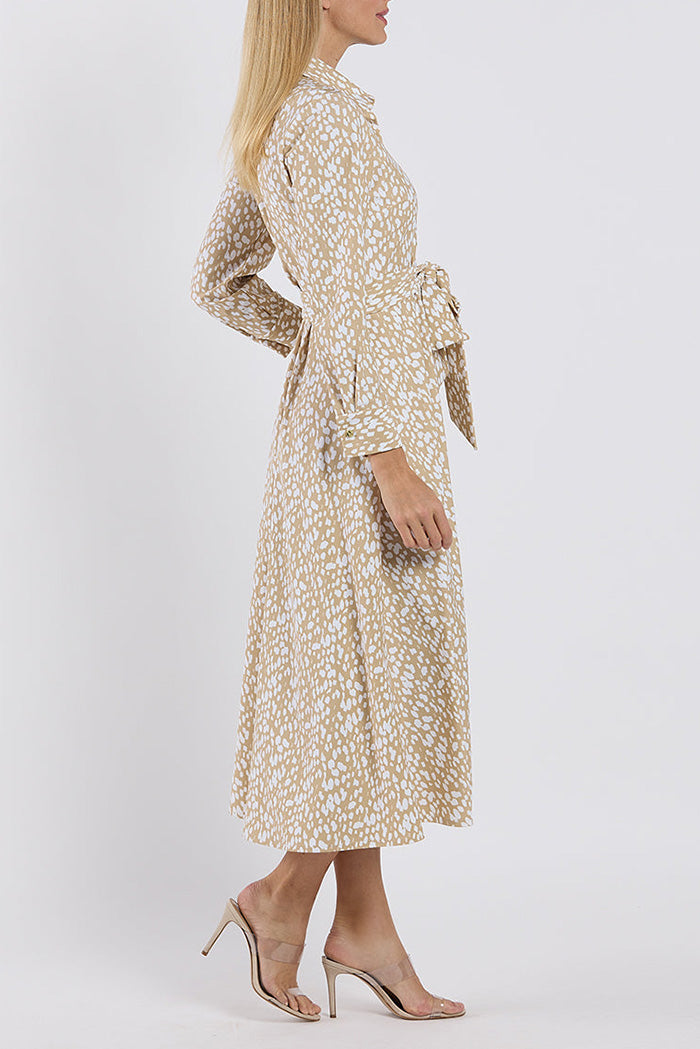 Pocketed Beige Spotted Belted Midi Dress