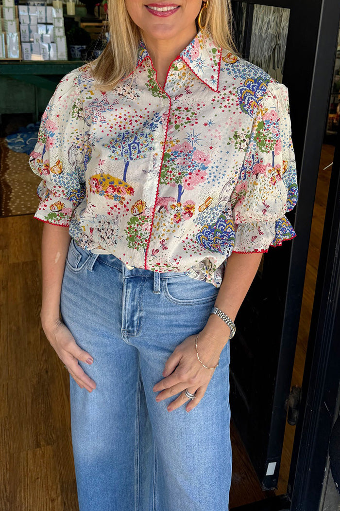 Puff Sleeve Printed Contrast Top