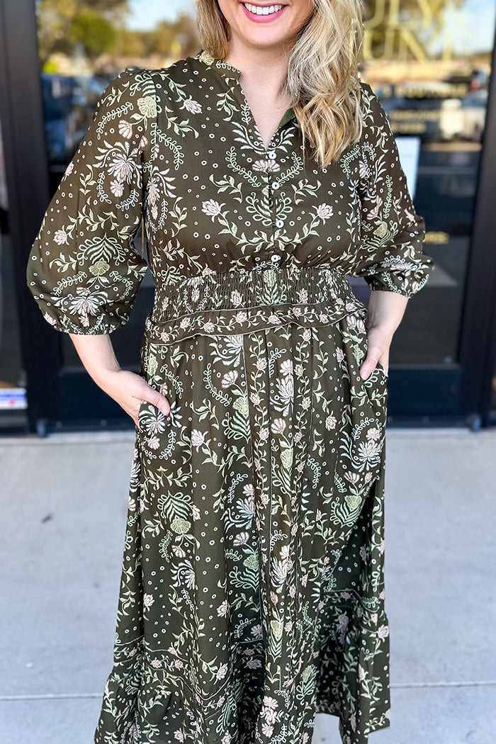 V-Neck Floral Pocket Midi Dress