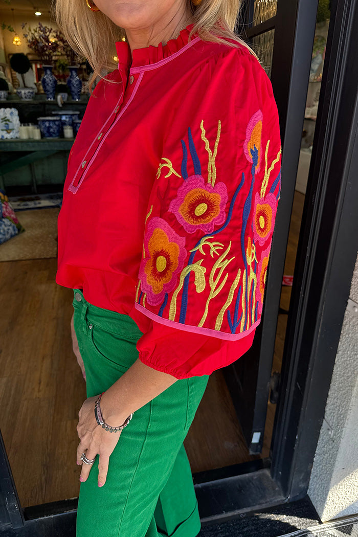 Red Floral Embroidered Puff Sleeve Top