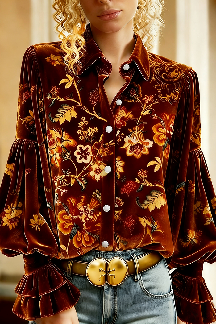 Vintage Floral Print Lantern Sleeve Velvet Top