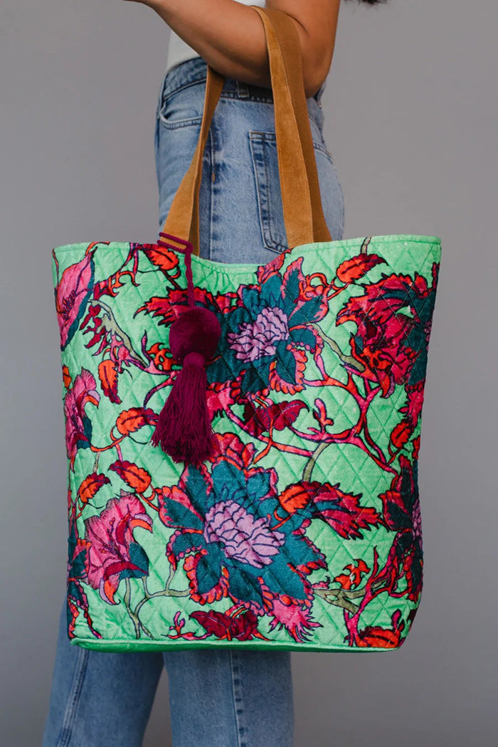 Quilted Floral Tassel Tote