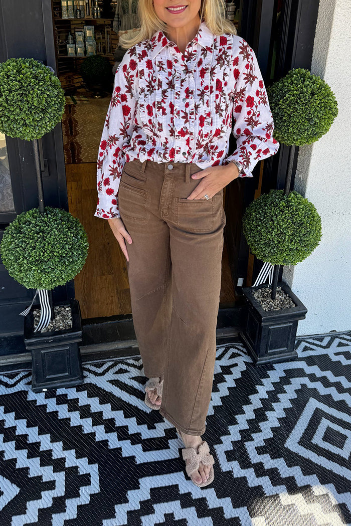 Floral Print Ruffled Placket Button-Up Blouse