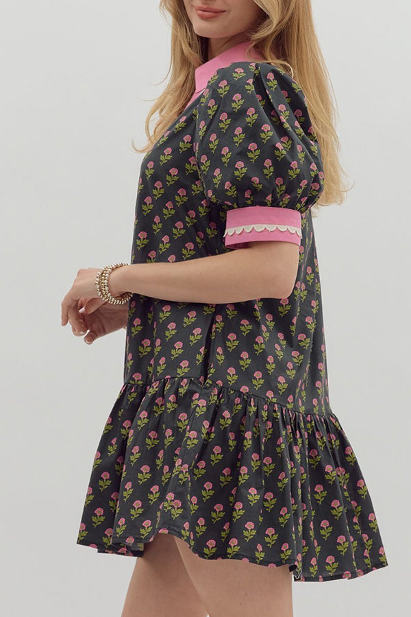 Ruffle Hem Floral Stamped Dress