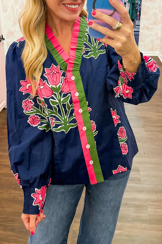 Ruffled V-Neckline Button-Front Top