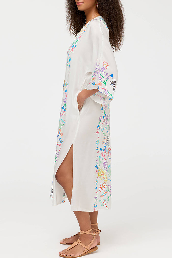 Pastel Floral Bird Bell Sleeve Side Slit Kaftan Dress