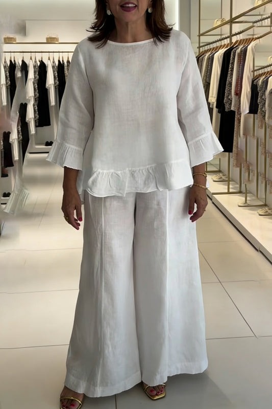 White Ruffle Hem Two Piece Set