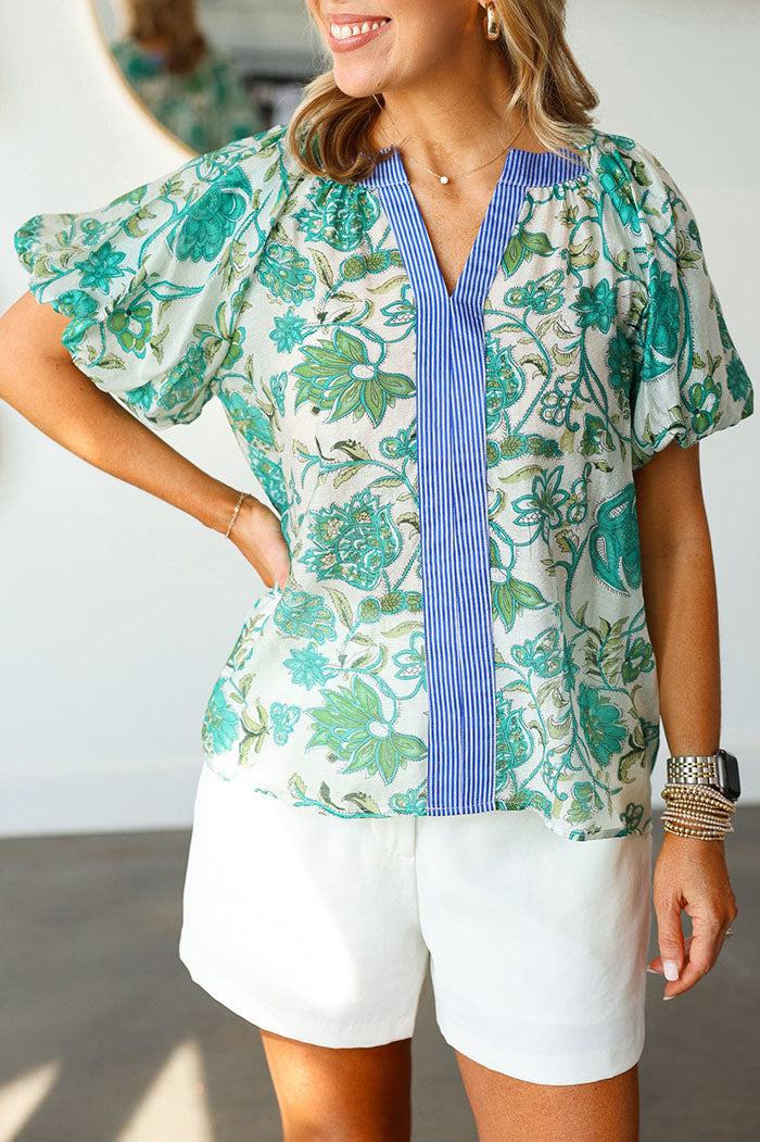 Stripe Trim Floral Puff Sleeve Top