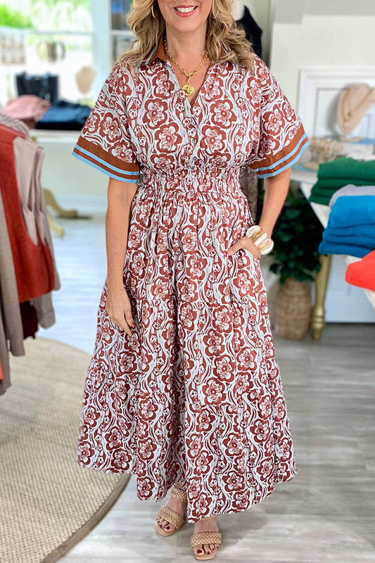 Pocketed Floral Print Band Collar Midi Dress