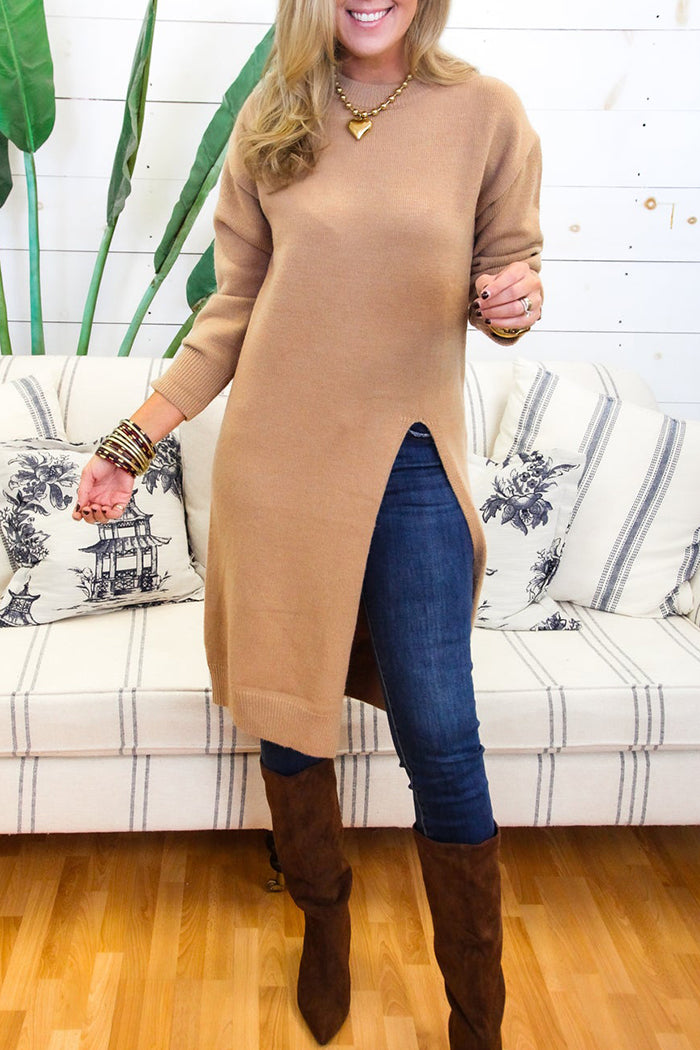 Asymmetric Split Solid Knit Long Sweater