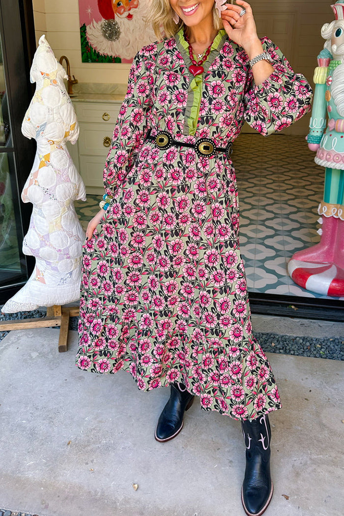 Casual Ruffle Trim Floral Midi Dress