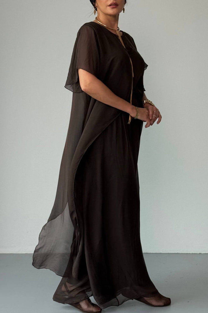 Flowy Asymmetric Cape Sleeve Wide Leg Pants Set