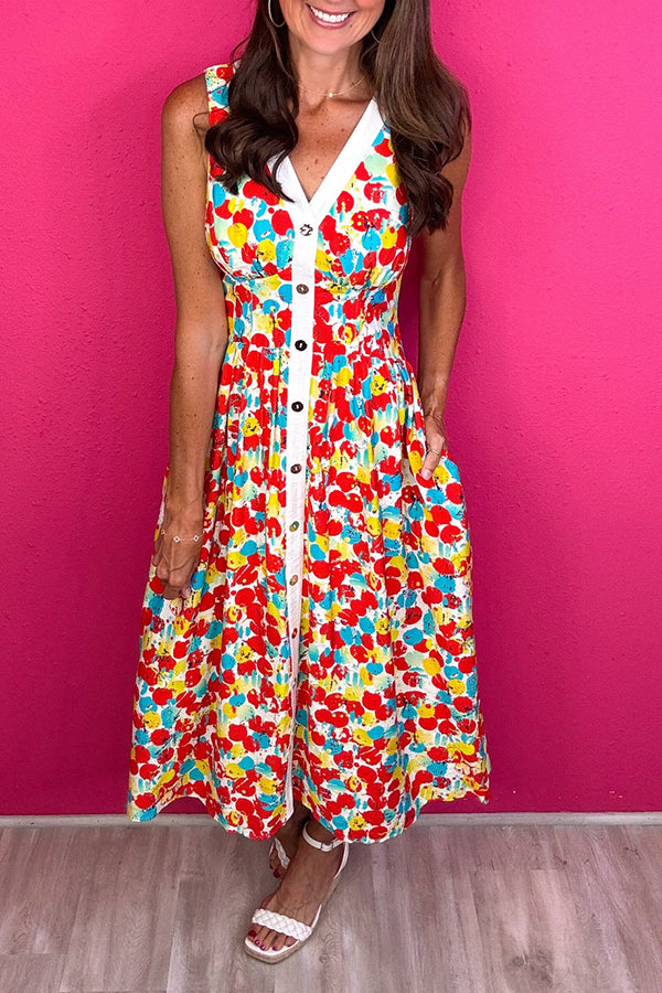 V-Neck Sleeveless Floral Dress