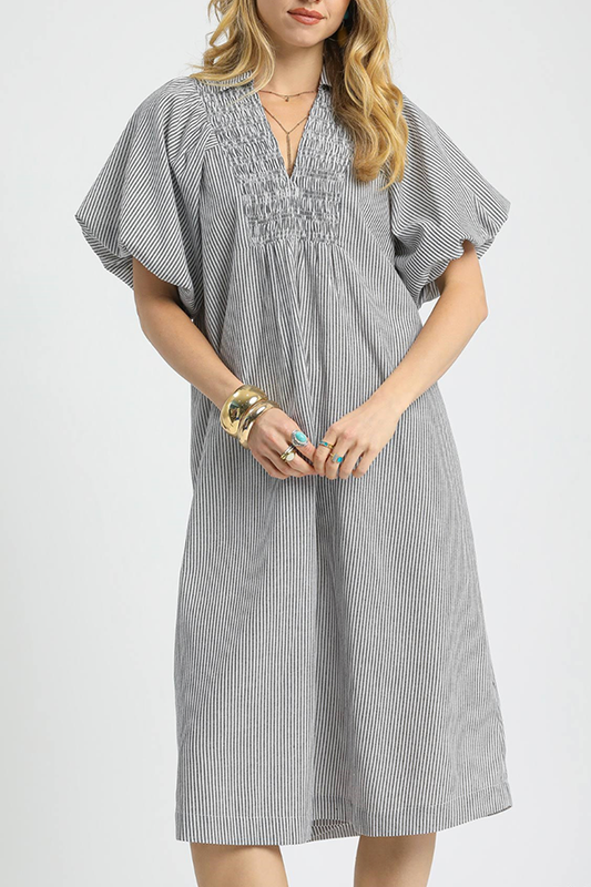 Smocked Front Puff Sleeve Dress