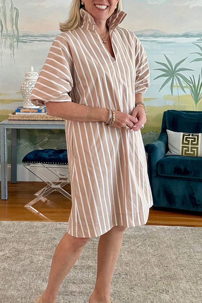 Khaki Striped Ruffle Collar Shirt Dress