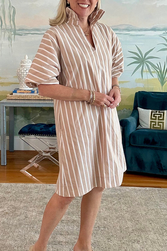 Khaki Striped Ruffle Collar Shirt Dress