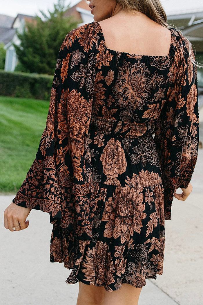 V-Neck Retro Print Flare Dress