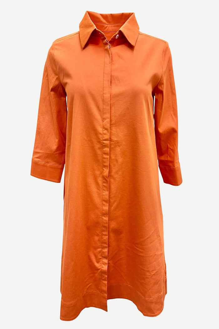 Orange 3/4 Sleeve Midi Shirt Dress