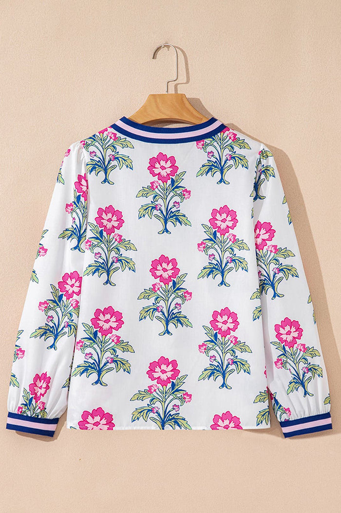 Floral Print Striped V-Neck Blouse