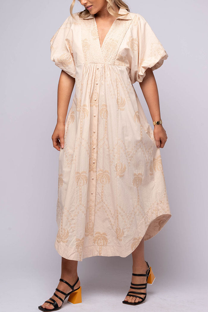 Embroidery Print Puff Sleeves Dress