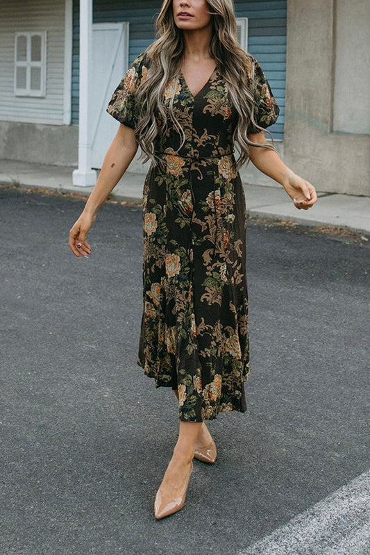 V-Neck Puff Sleeve Midi Dress