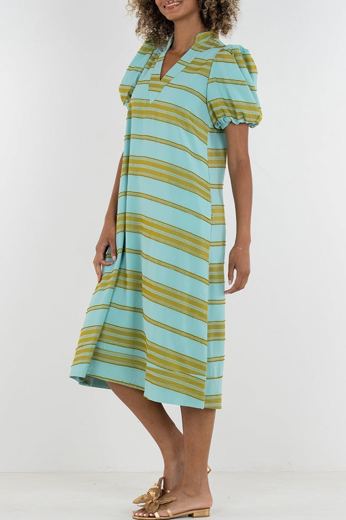 Puff Sleeve Stripe Pocket Dress