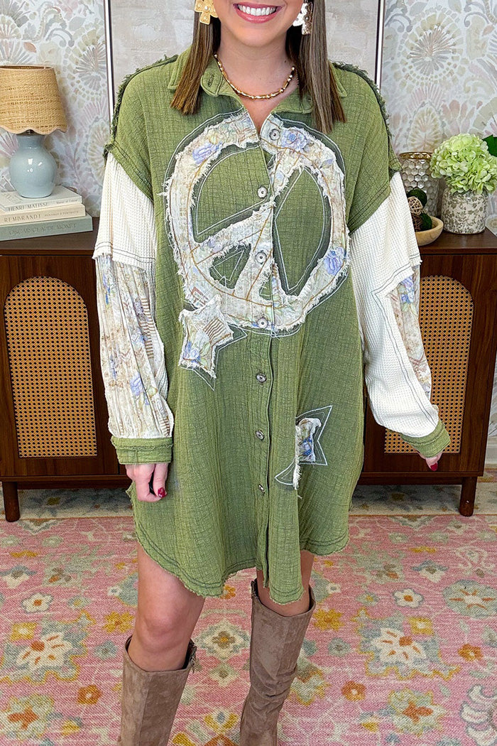 Patchwork Peace Sign Button Front Shirt Dress