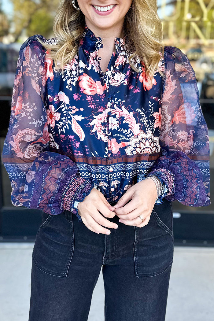 Floral Print Puff-Sleeve Stand-Collar Blouse