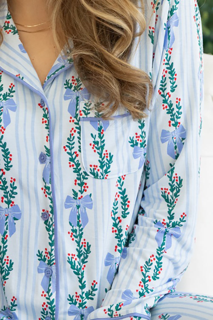 Light Blue Floral Bow Striped Pajama Set
