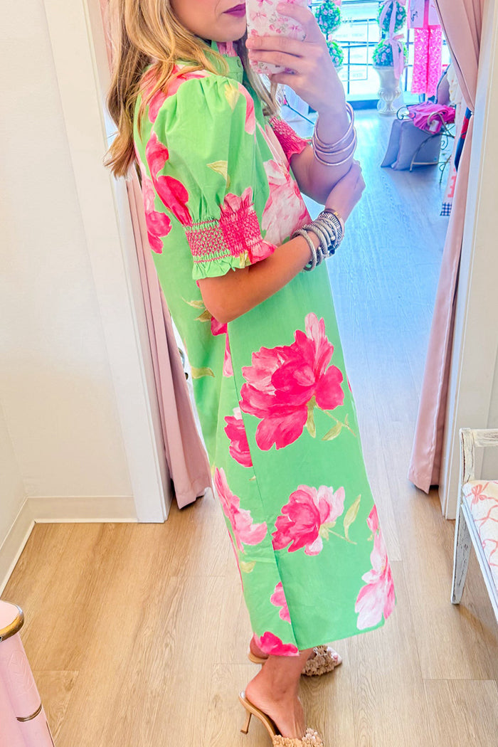 Floral Ruffle Neck Midi Dress