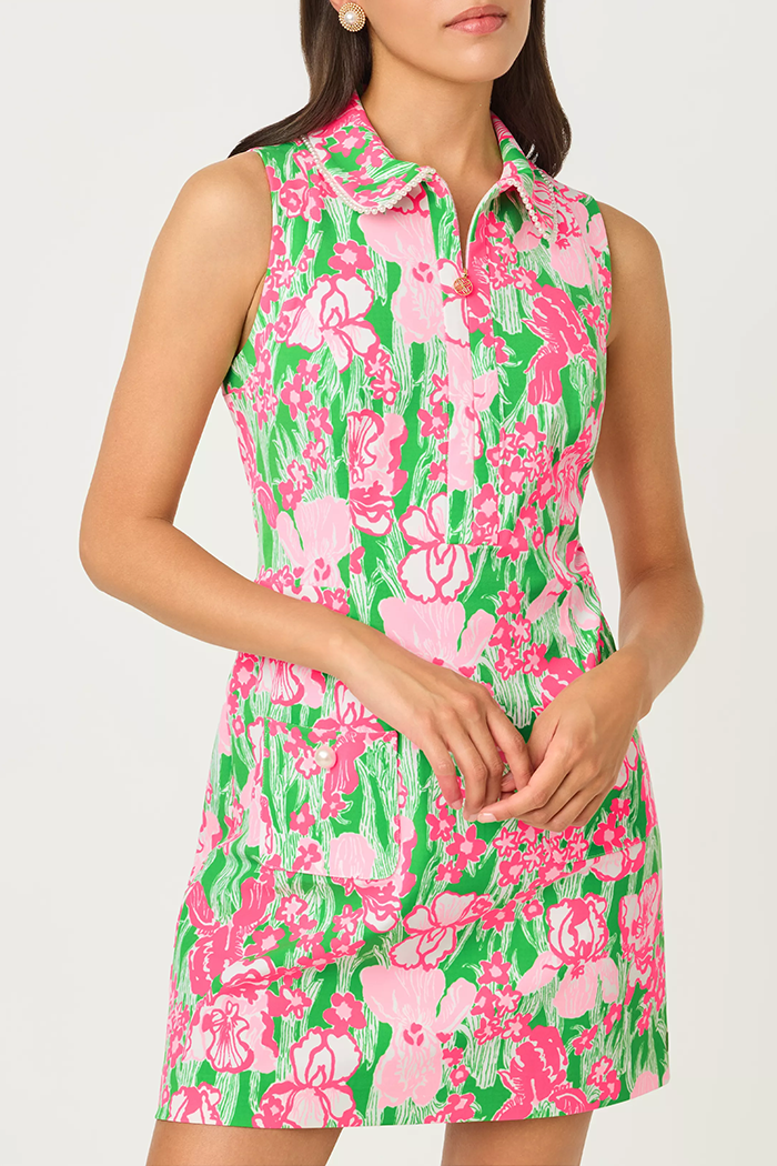 Sleeveless Pearl Collar Zip Floral Dress