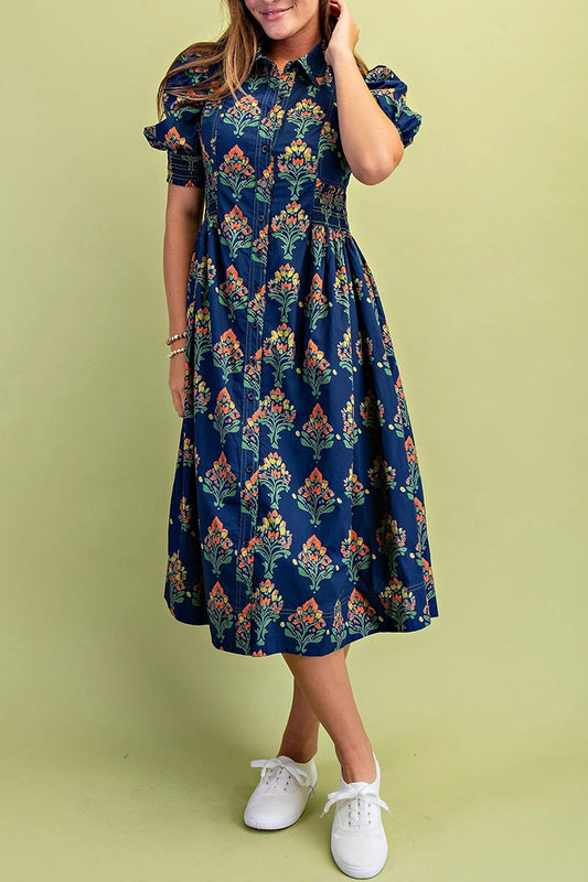 Puff Sleeve Floral Midi Dress