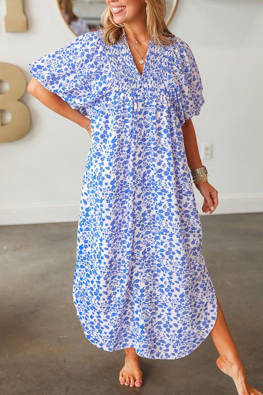 Floral Pleated Elastic Sleeve Dress