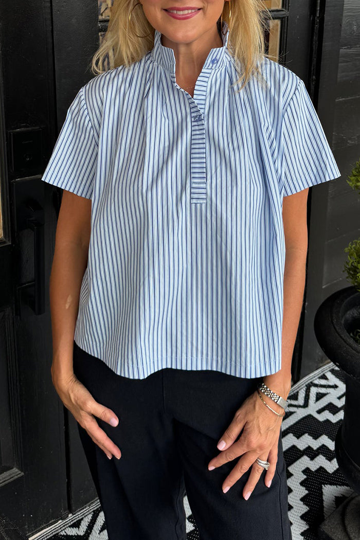 Half Placket Vertical Stripe Short Sleeve Top