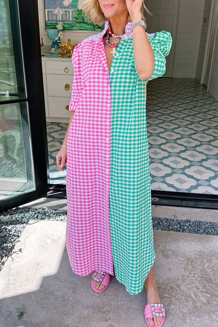 Colorblock Button Up Gingham Pocket Dress
