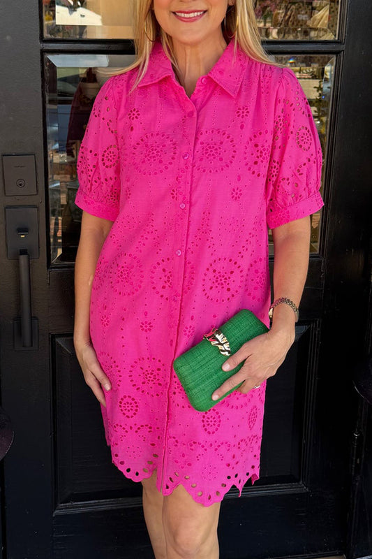 Pocketed Hot Pink Eyelet Dress
