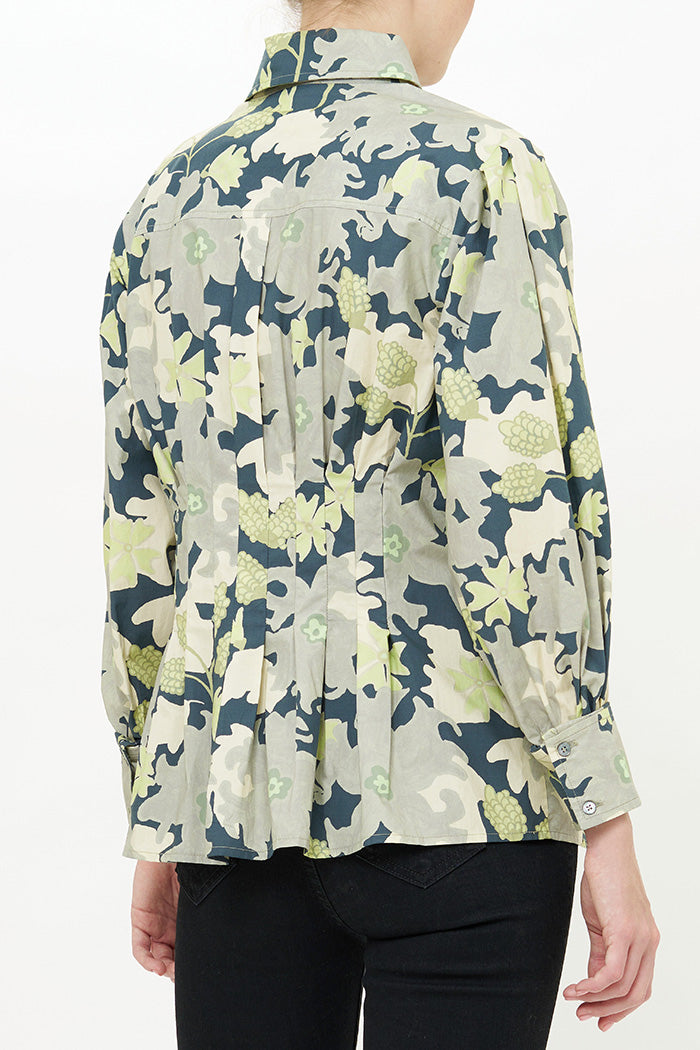 Suzani Print Fitted Waist Ruffled Hem Button Top