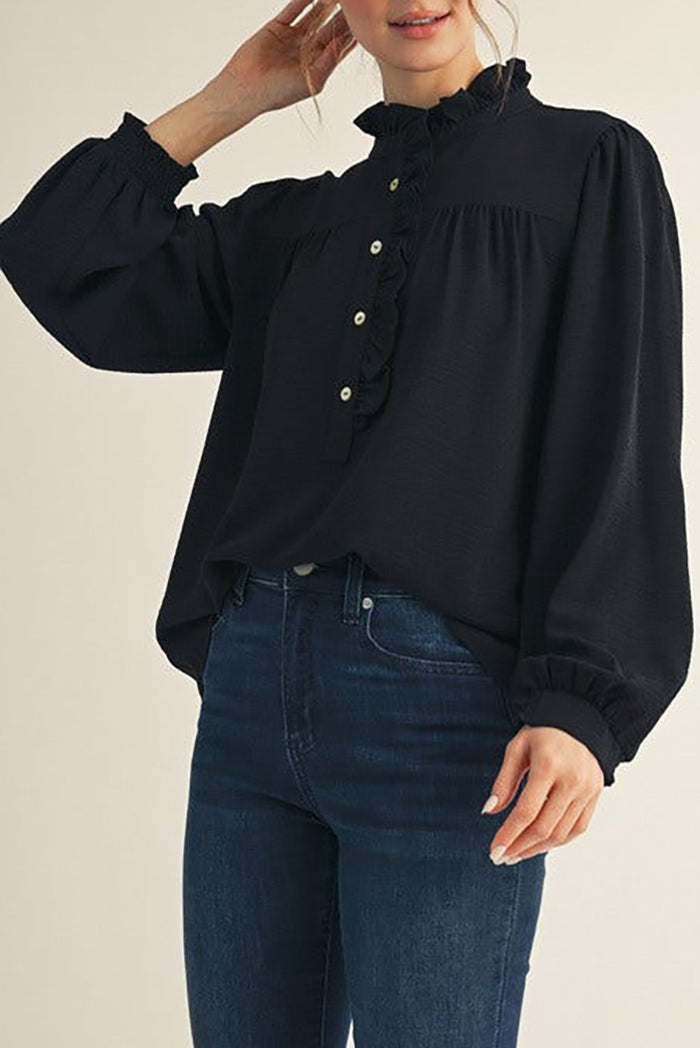 Ruffled Mock-Neck Button Top