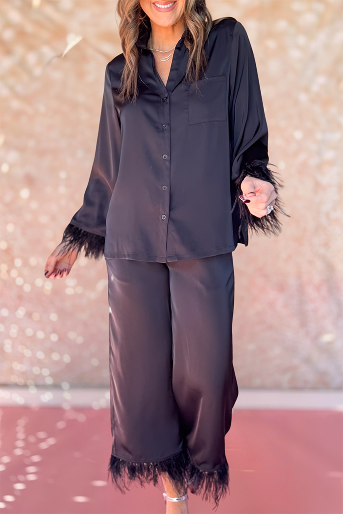 Black Feather Trim Pajama Set