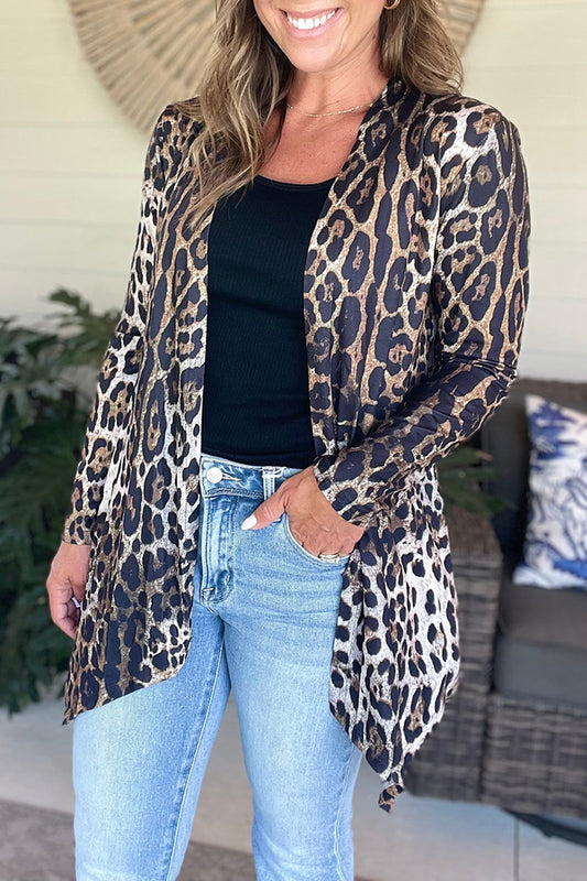Leopard Print Long Open Front Cardigan