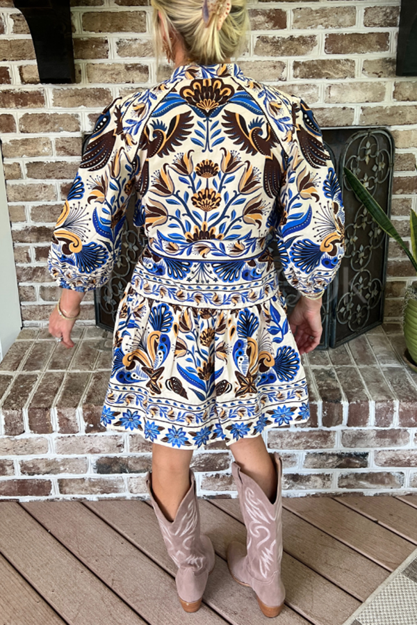 Casual Retro Patterned Belt Dress