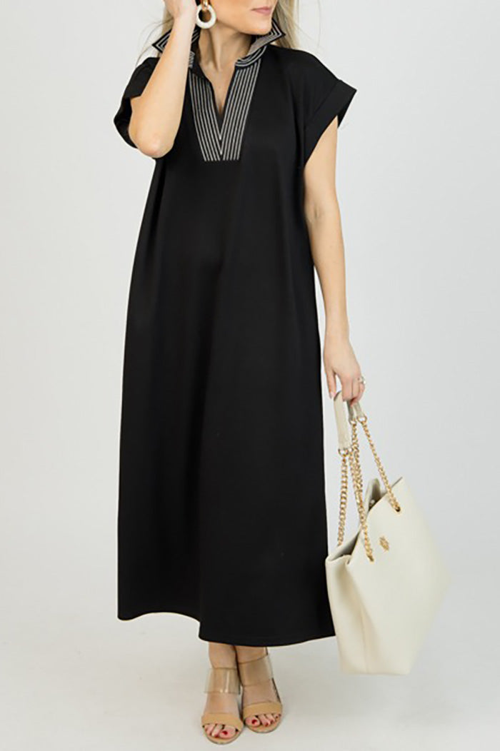 Contrast Stitch Collar Pocketed Midi Dress