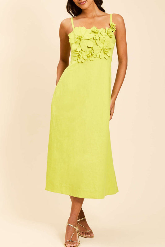 3D Floral Square Neck Pocketed Midi Dress