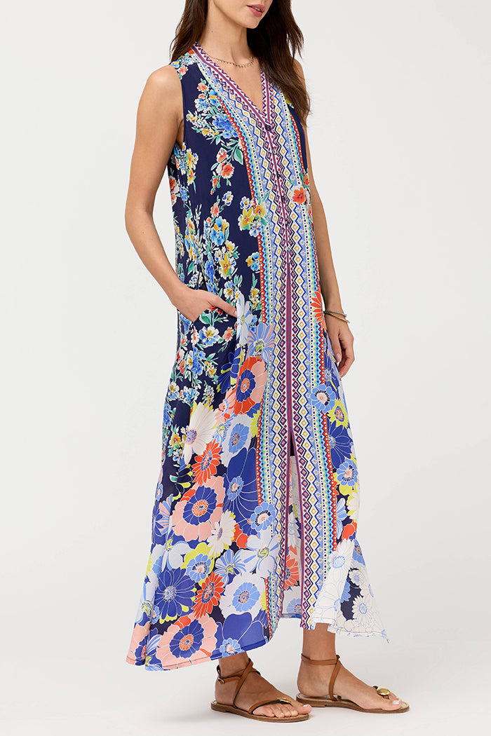 Bold Floral Sleeveless Pocket Side Slit Maxi Dress