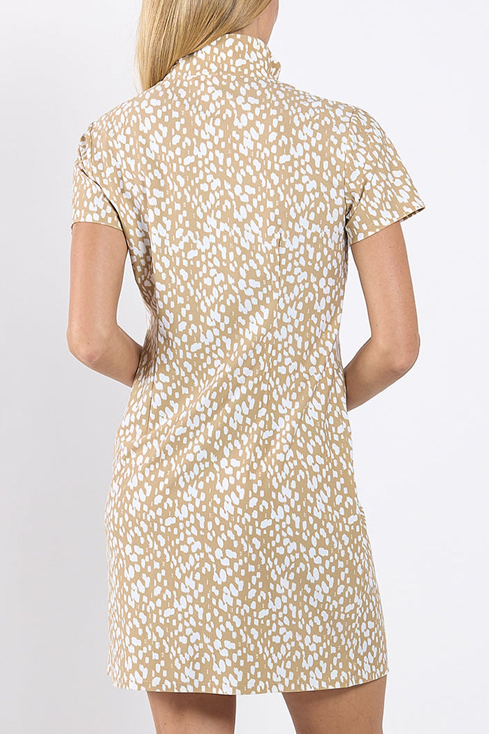 Beige Spotted Zip Neck Shift Dress