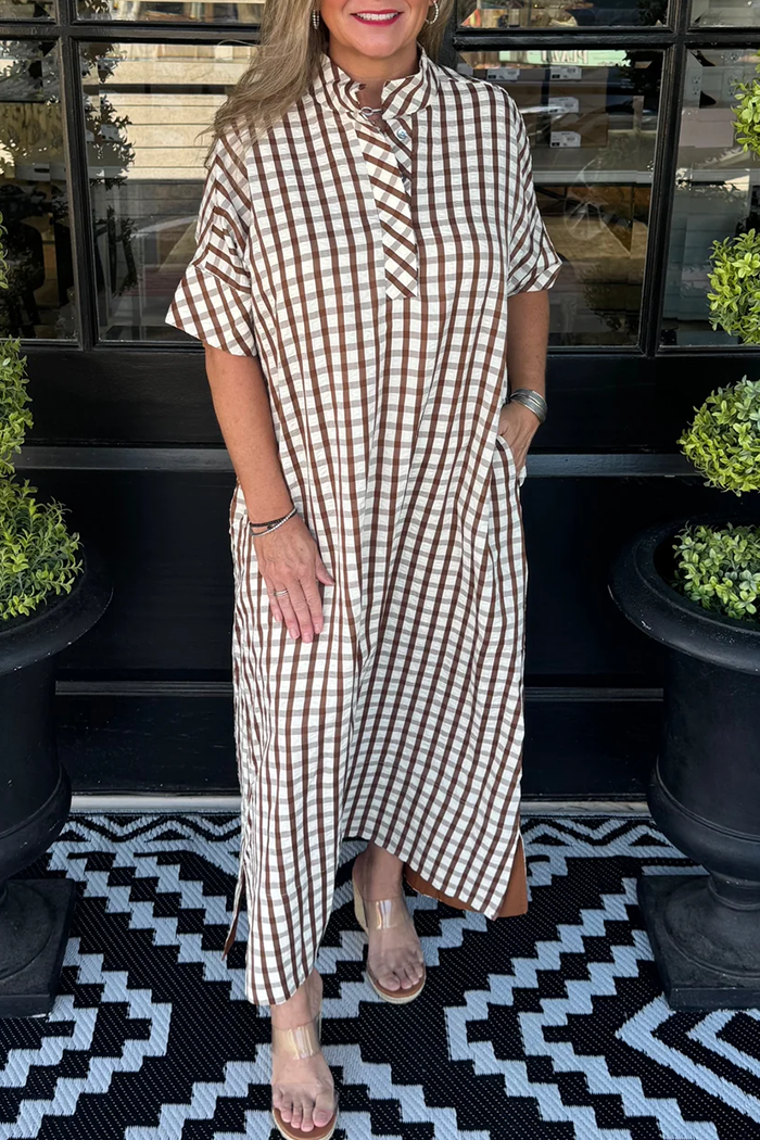 Checkered Short Sleeve Pocket Maxi Dress