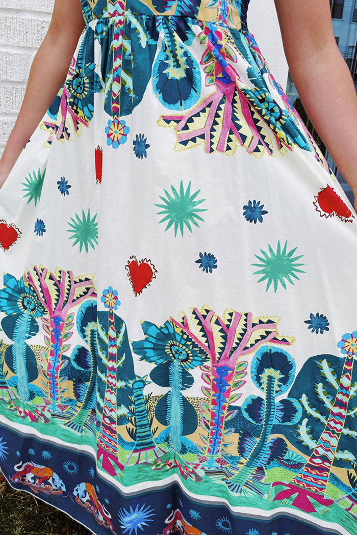 Print Smocked Back Thin Strap Midi Dress